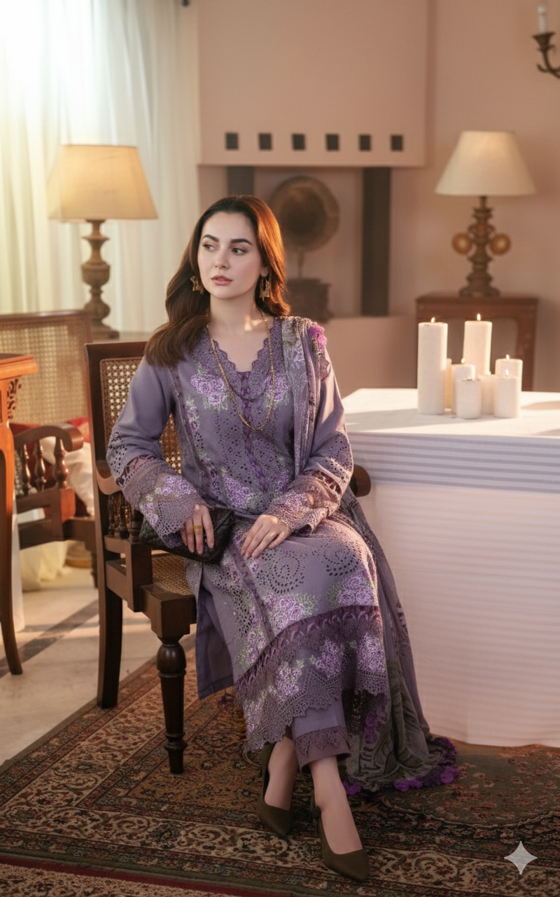JD 2680-Lawn Fabric 3 Piece - Unstitched Fully Embroidered With Monar Printed Dupatta