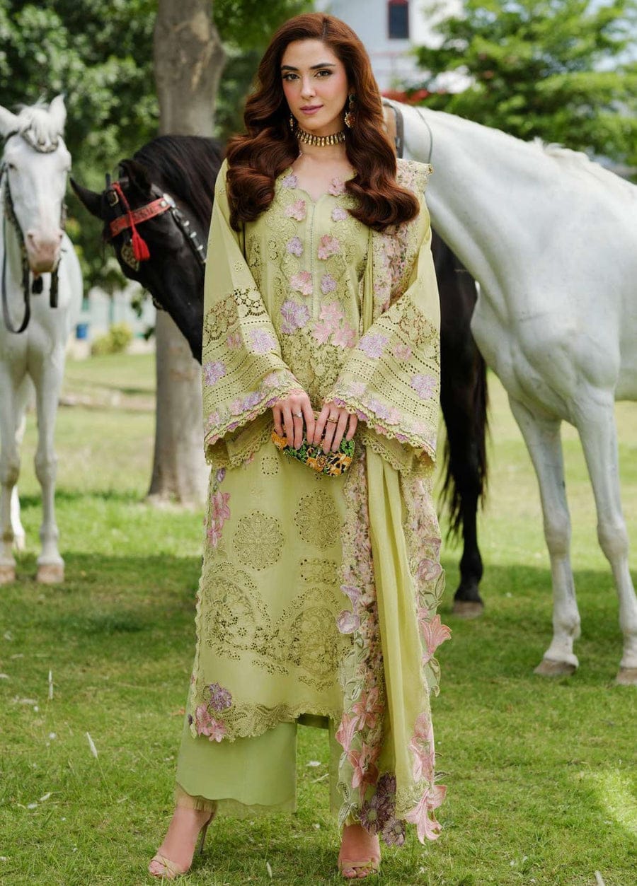 EL-2720  3Pc-Unstitched Fully Embroidered Lawn Fabric With Embroidered Cotton Net Dupatta