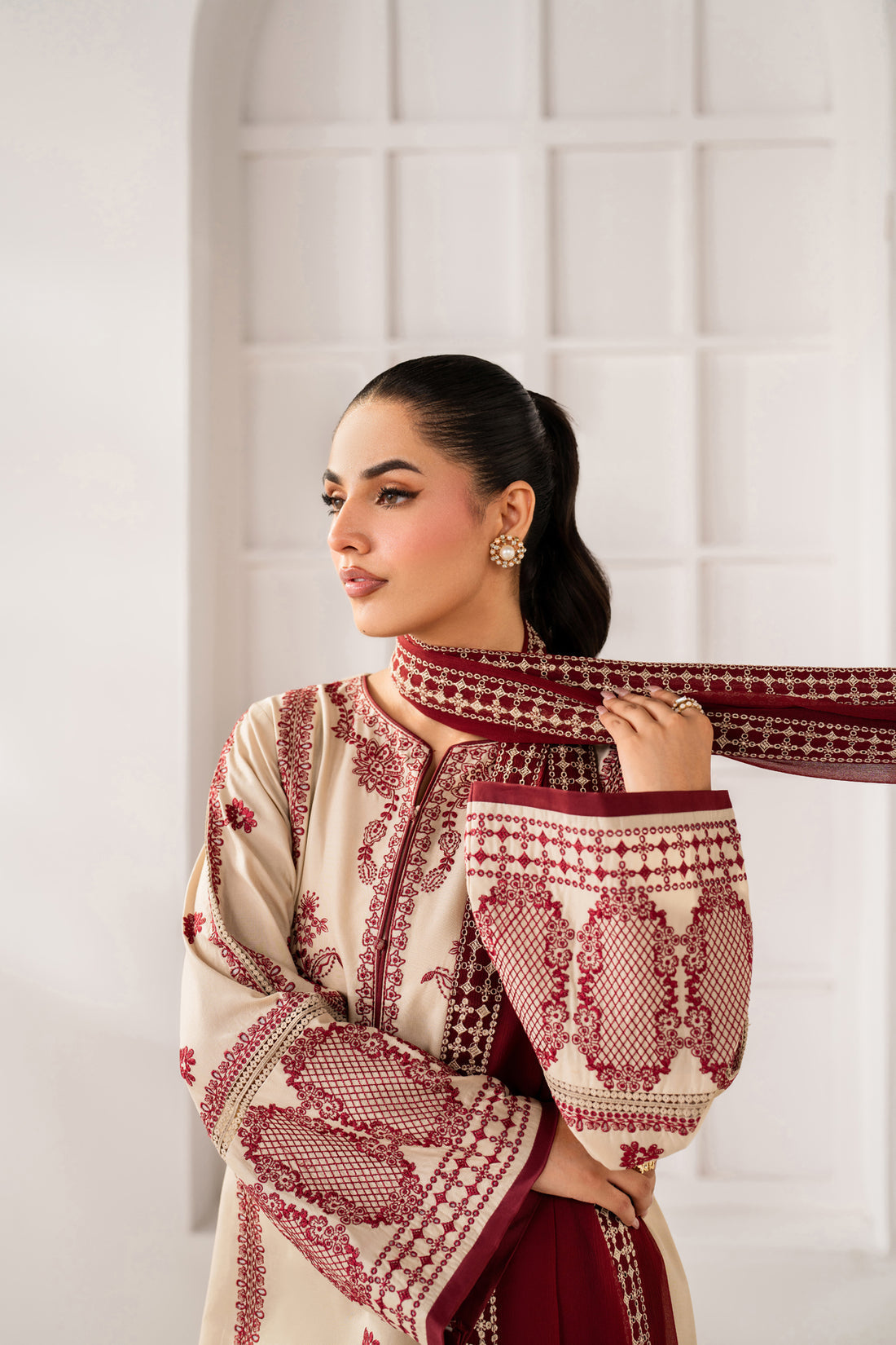 BQ 2950-3 Piece Unstitched Heavy Embroidered Dhanak Suit ( Dhanak Embroidered Shawl )