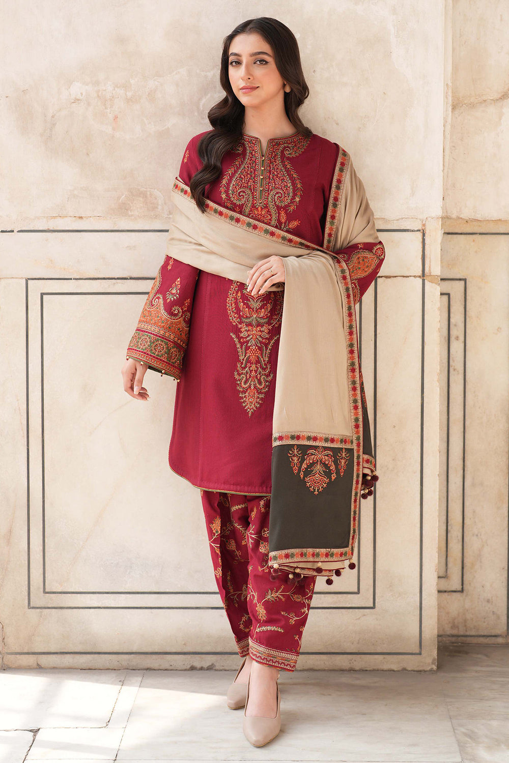 JZ 3100-Dhanak Fabric 3 Piece Unstitched (Dhanak Embroidered Shawl)