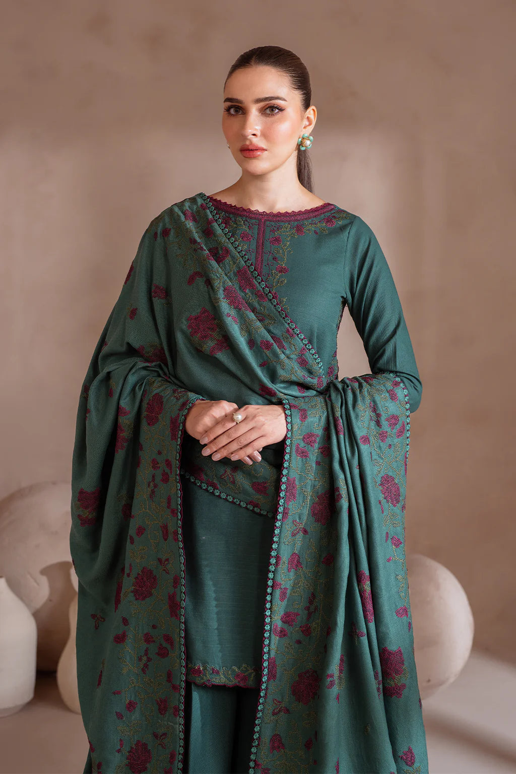 IZ 2925-3 Piece Unstitched Heavy Embroidered Dhanak Suit ( Dhanak Embroidered Shawl )