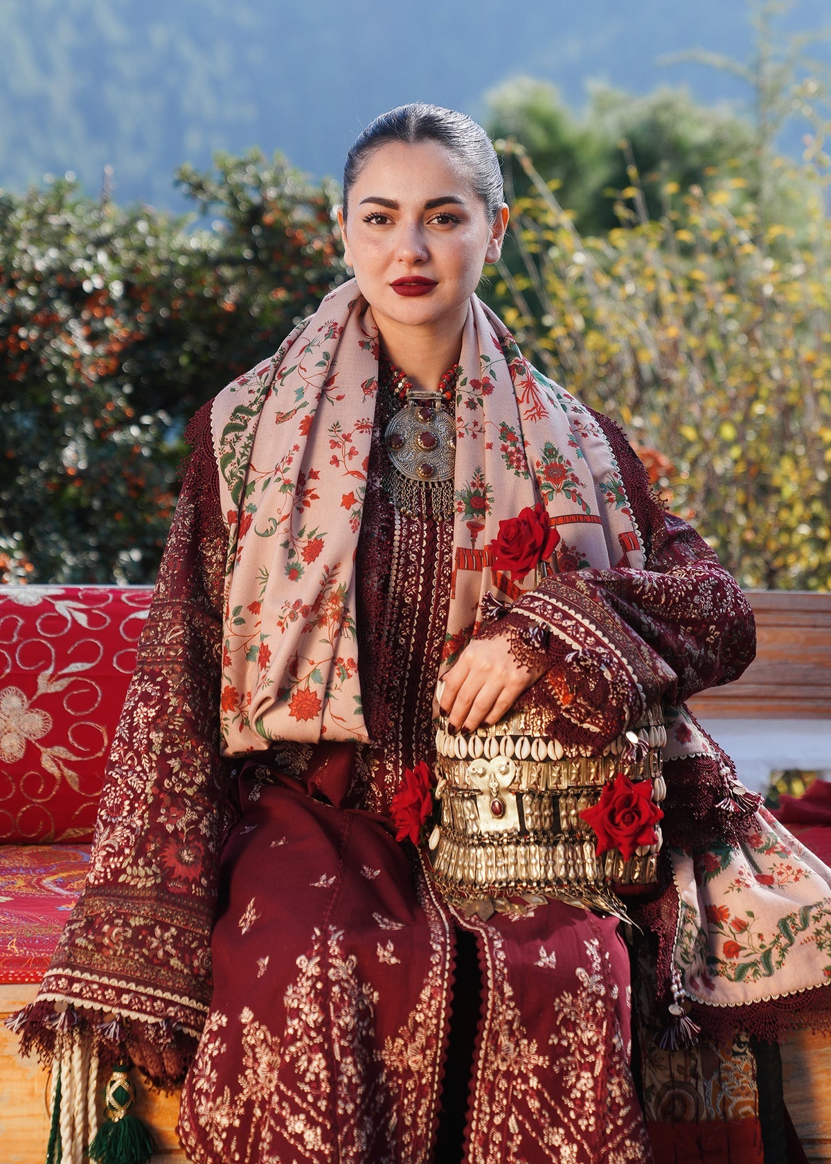 HR 890-3 Piece Unstitched Heavy Embroidered Dhanak Suit (Printed Woolen Shawl )