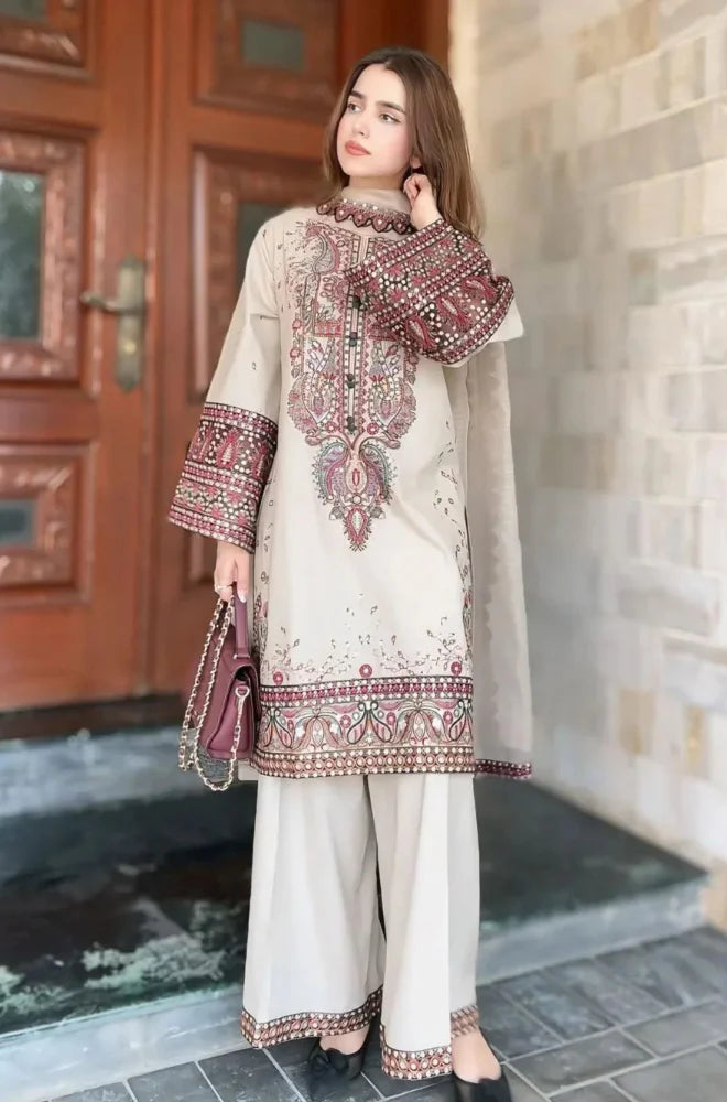 LM 2965-3 Piece Unstitched Heavy Embroidered Dhanak Suit ( Dhanak Embroidered Shawl )