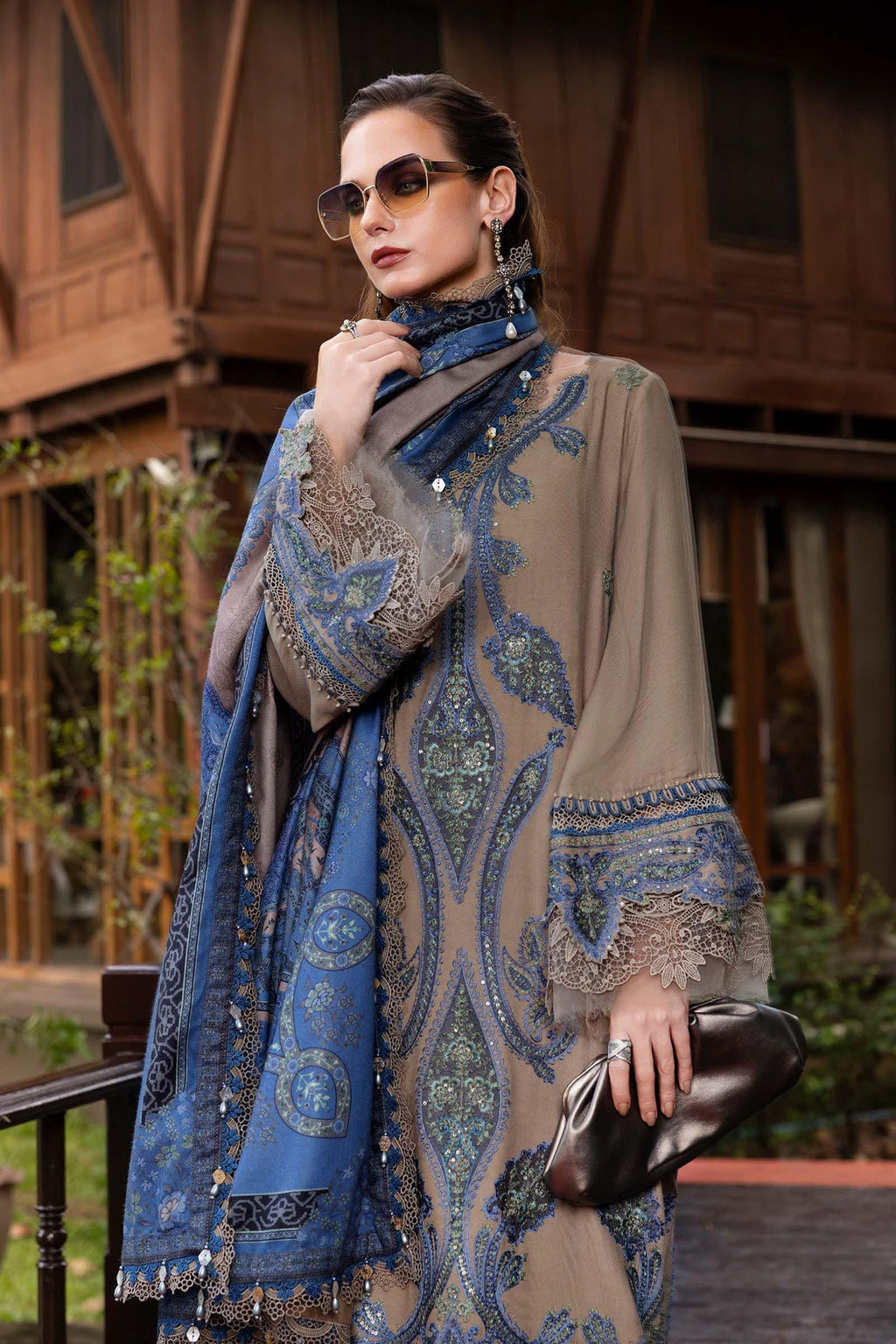 MB 3050-3 Piece Unstitched Heavy Embroidered Dhanak Suit ( Digital Printed Shawl)