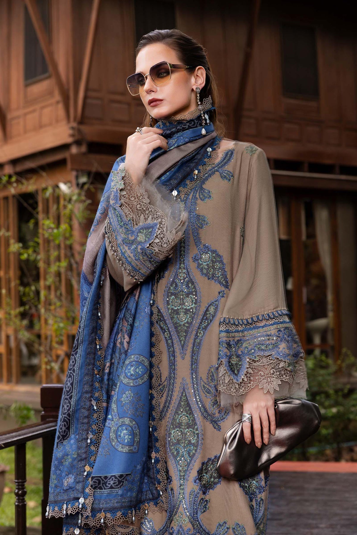 MB 3050-3 Piece Unstitched Heavy Embroidered Dhanak Suit ( Digital Printed Shawl)