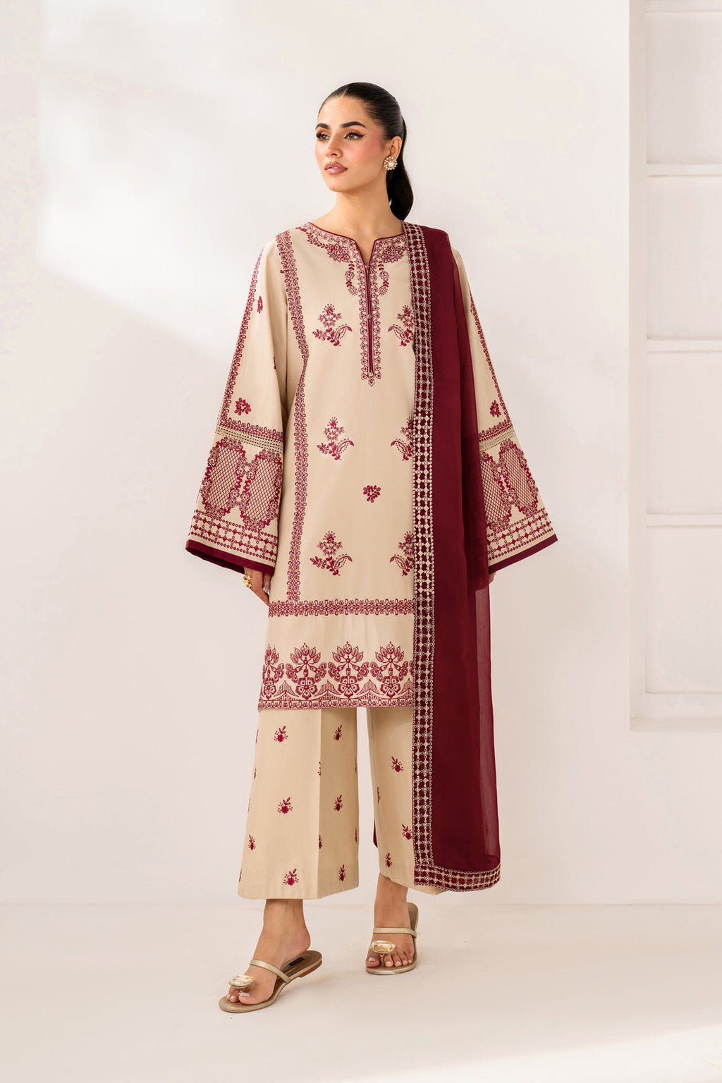BQ 2950-3 Piece Unstitched Heavy Embroidered Dhanak Suit ( Dhanak Embroidered Shawl )