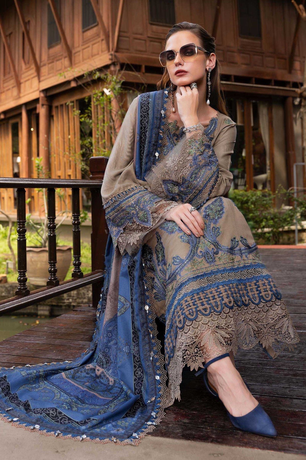 MB 3050-3 Piece Unstitched Heavy Embroidered Dhanak Suit ( Digital Printed Shawl)