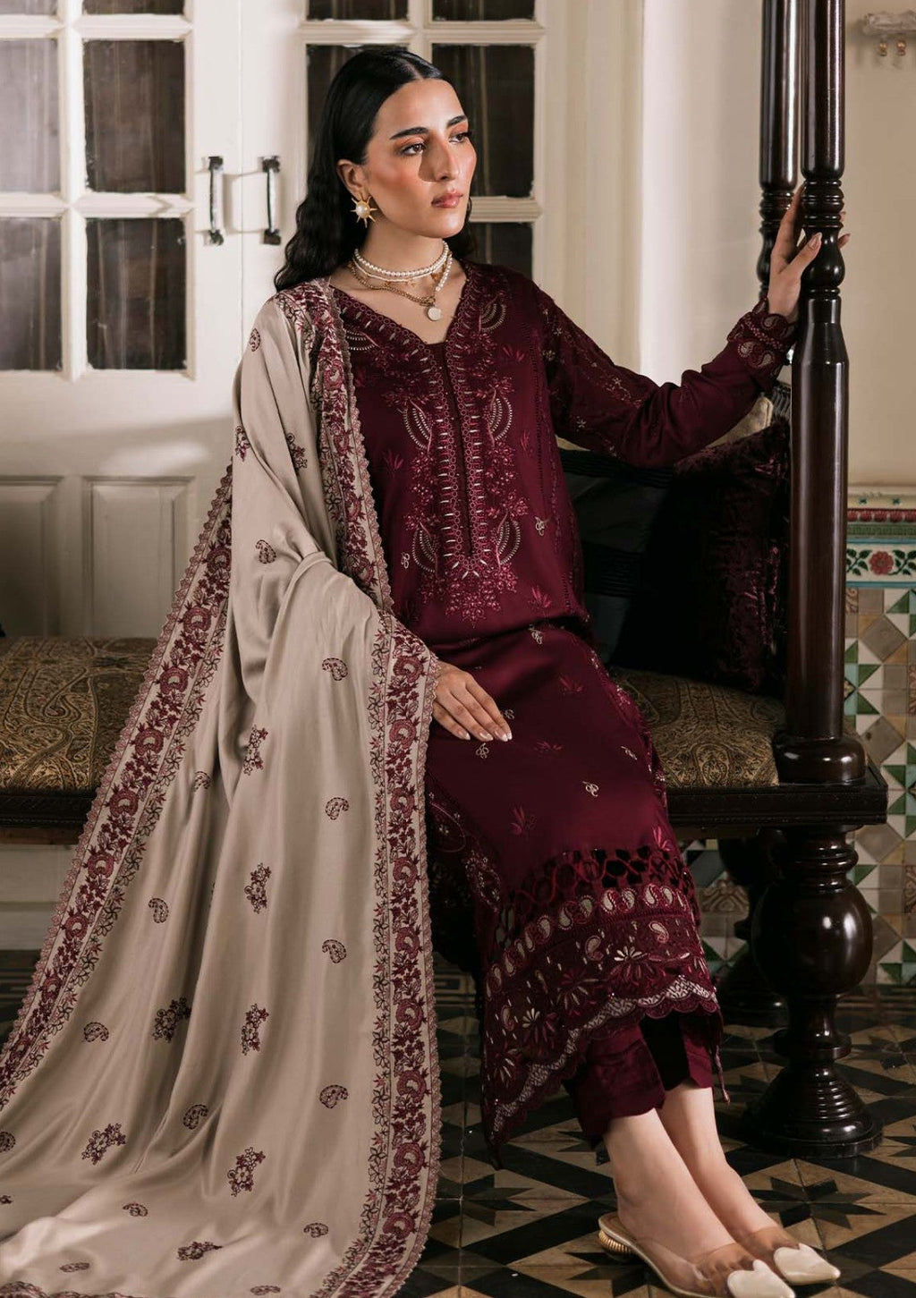 NR 2975-3 Piece Unstitched Heavy Embroidered Dhanak Suit ( Dhanak Embroidered Shawl )