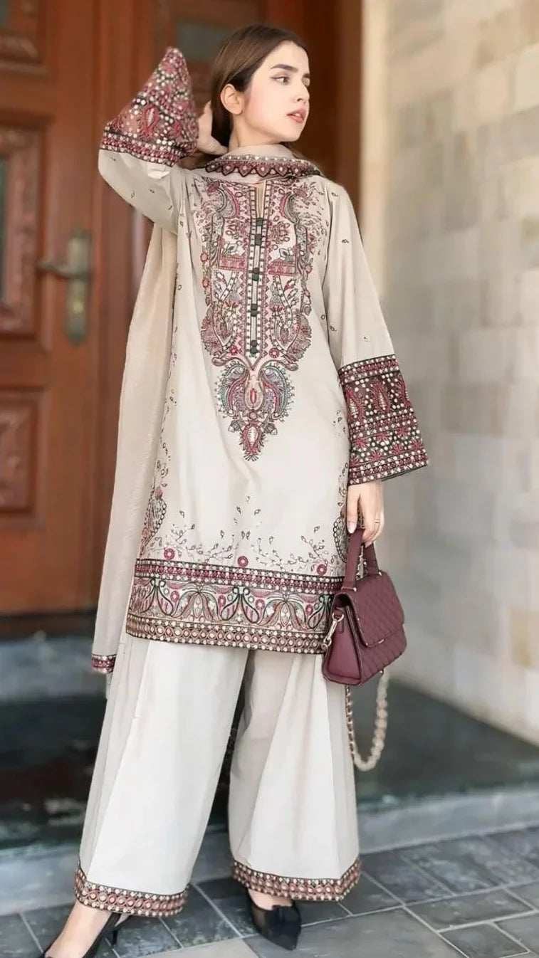 LM 2965-3 Piece Unstitched Heavy Embroidered Dhanak Suit ( Dhanak Embroidered Shawl )