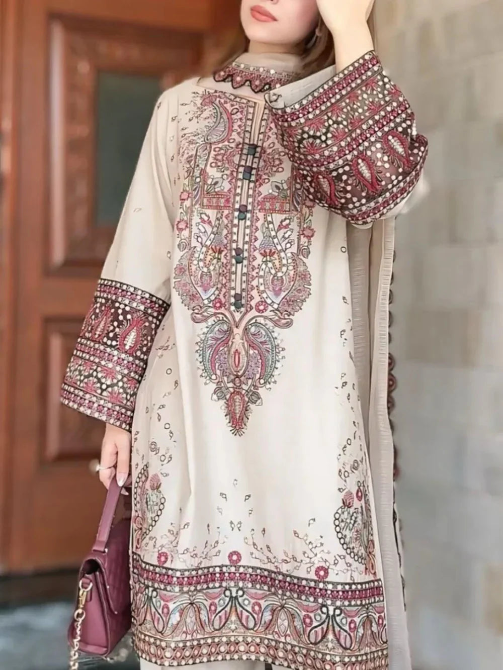 LM 2965-3 Piece Unstitched Heavy Embroidered Dhanak Suit ( Dhanak Embroidered Shawl )