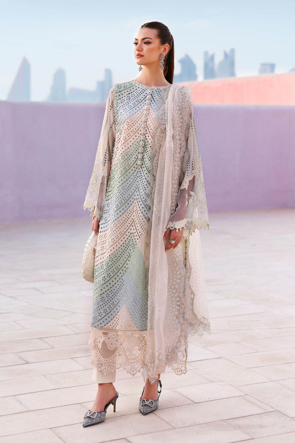 MB 2805B-3 Piece - Lawn - Unstitched Chicken Kari Embroidered Suit (Printed Organza Dupatta-4 Sides Lace)