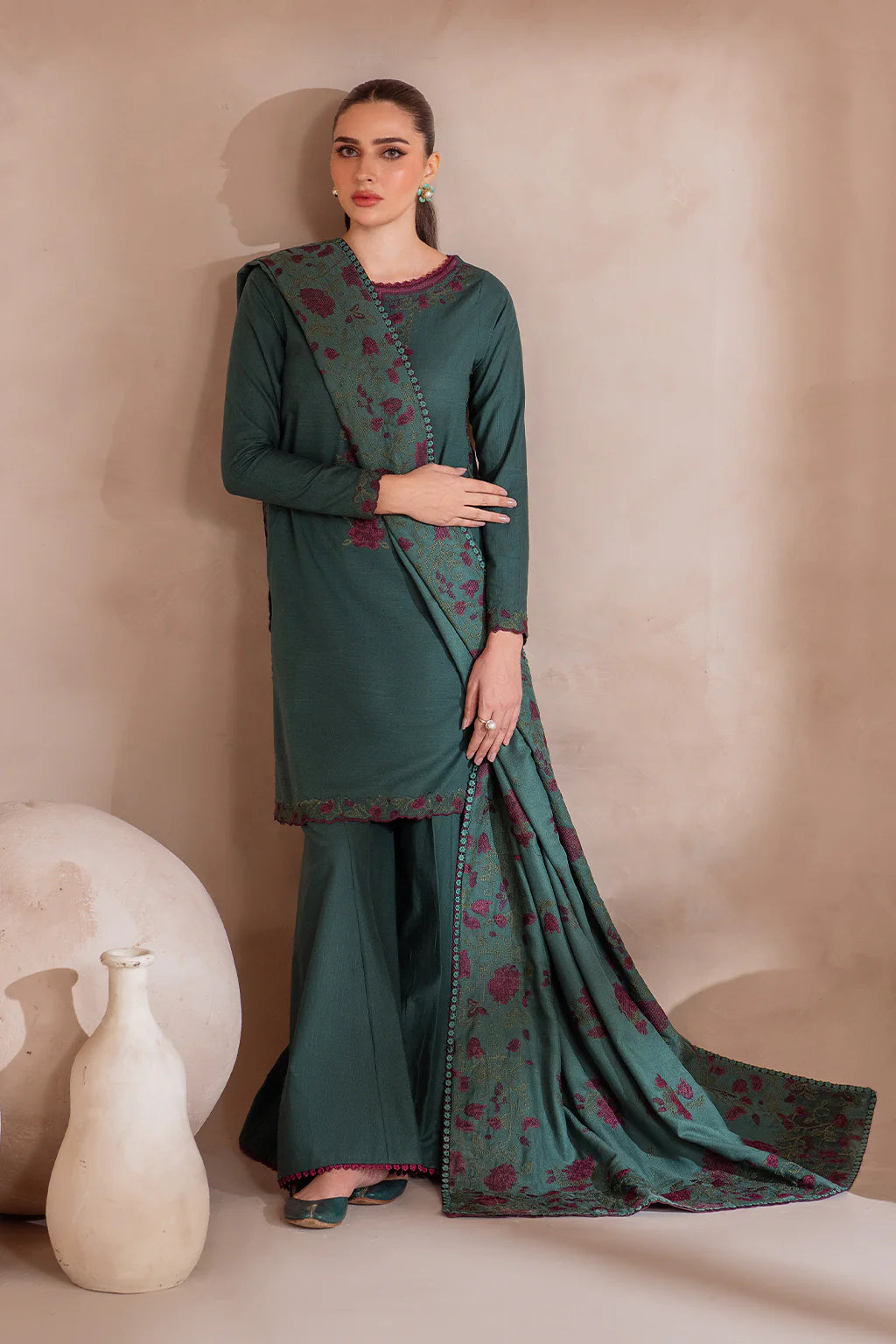 IZ 2925-3 Piece Unstitched Heavy Embroidered Dhanak Suit ( Dhanak Embroidered Shawl )