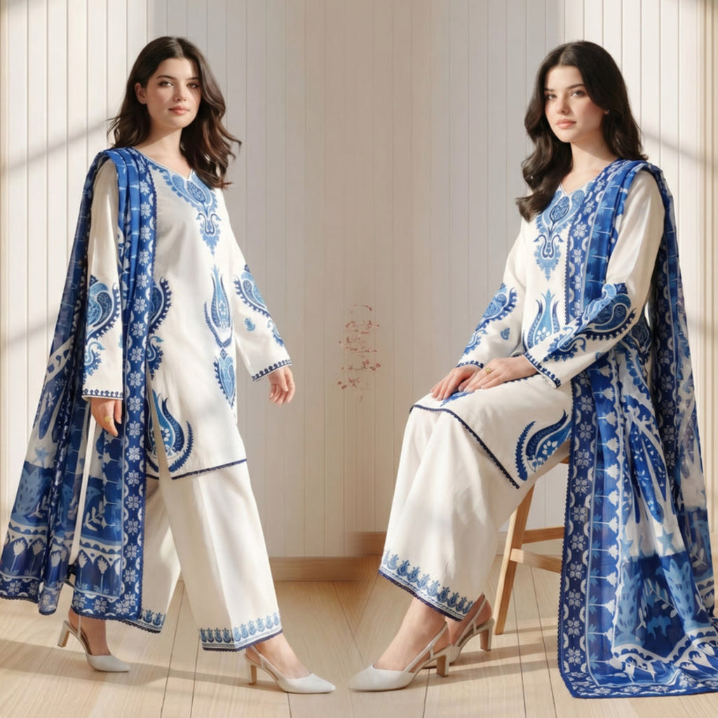 LM 3015-Dhanak Fabric 3 Piece Unstitched (Digital Printed Shawl)