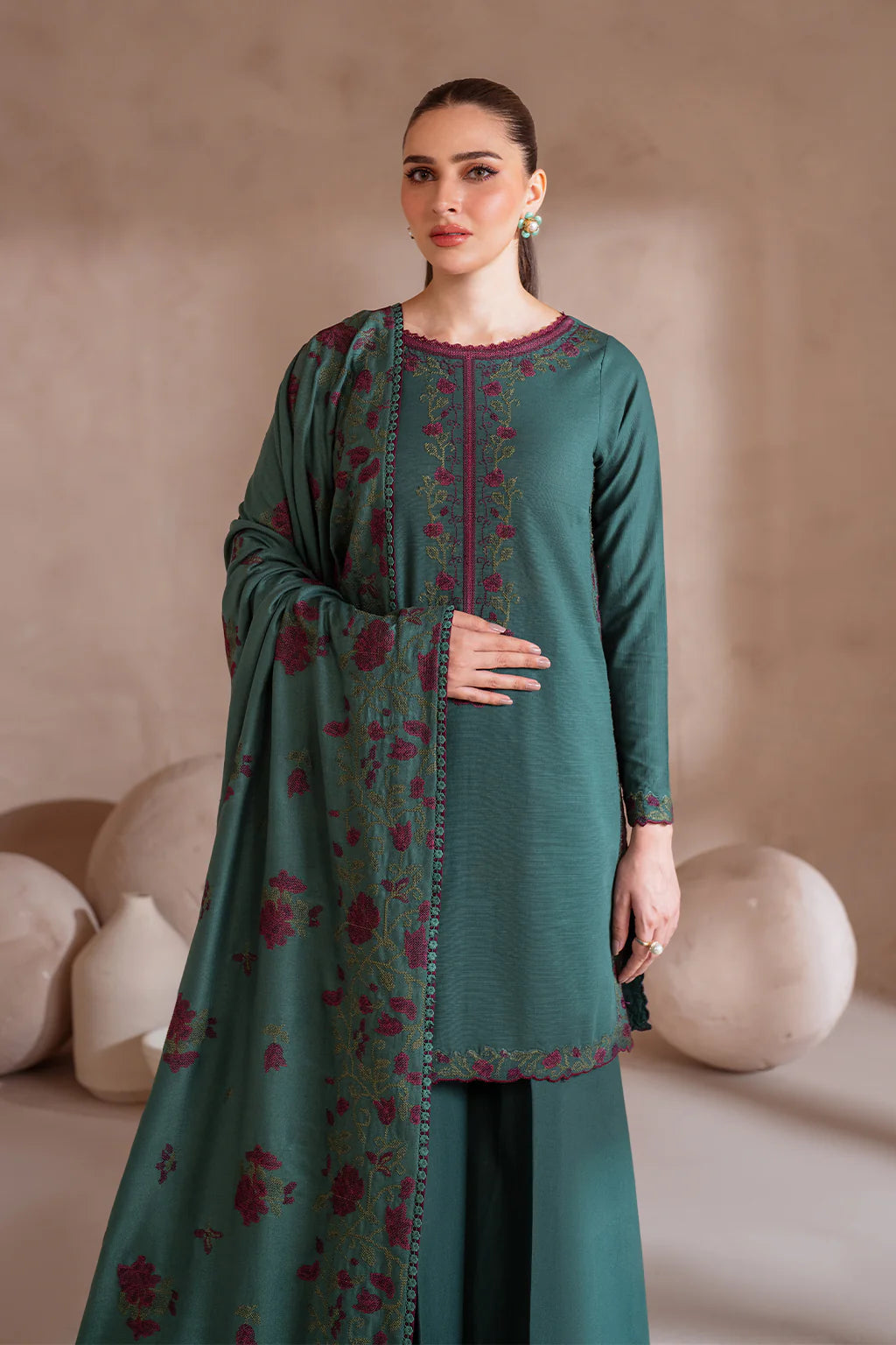 IZ 2925-3 Piece Unstitched Heavy Embroidered Dhanak Suit ( Dhanak Embroidered Shawl )