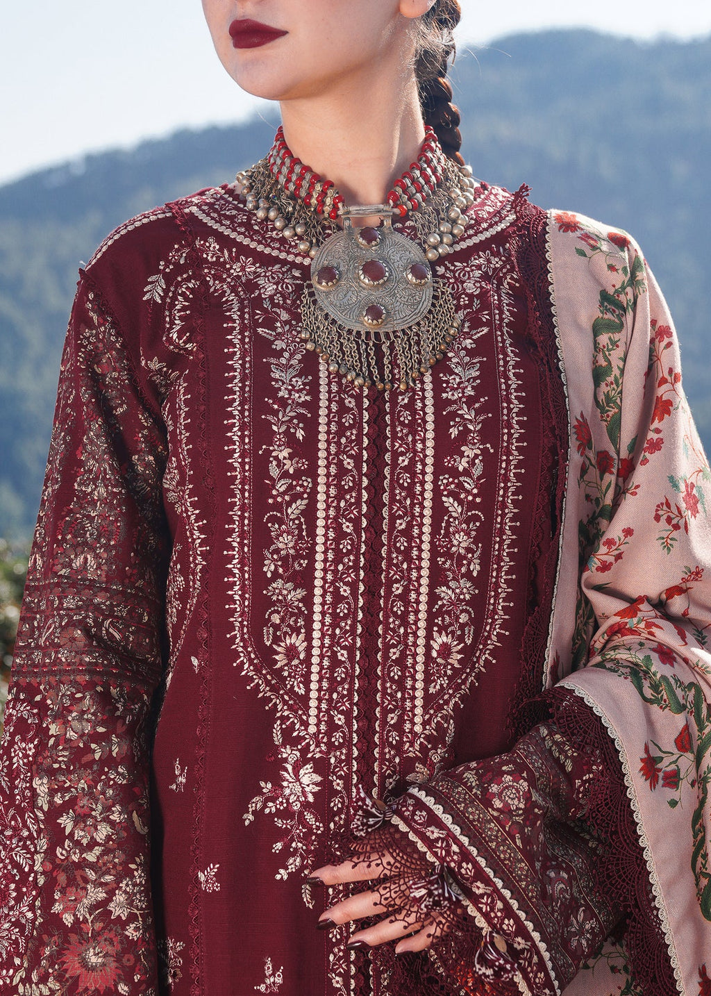 HR 890-3 Piece Unstitched Heavy Embroidered Dhanak Suit (Printed Woolen Shawl )