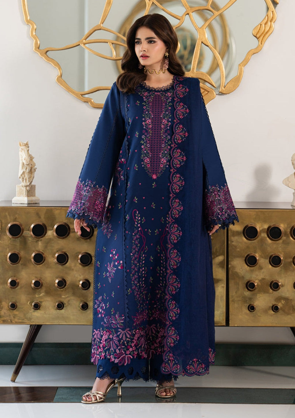 RR 2930-3 Piece Unstitched Heavy Embroidered Dhanak Suit ( Dhanak Embroidered Shawl )