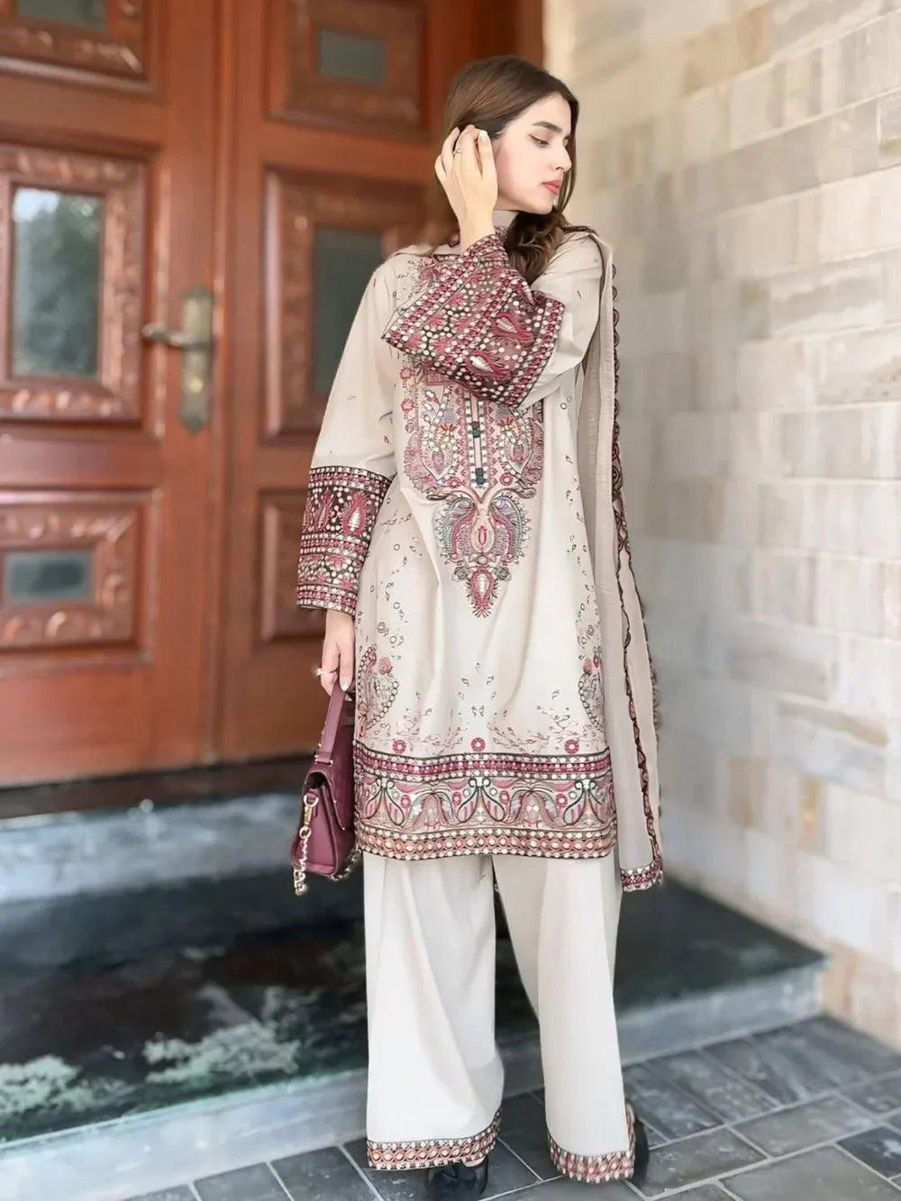 LM 2965-3 Piece Unstitched Heavy Embroidered Dhanak Suit ( Dhanak Embroidered Shawl )
