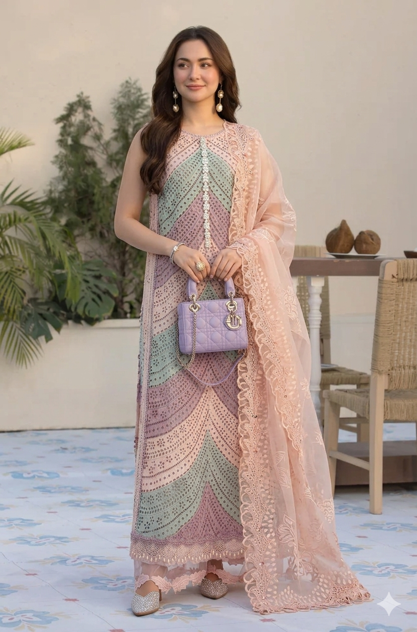 MB 2805A-3 Piece - Lawn - Unstitched Chicken Kari Embroidered Suit (Printed Organza Dupatta-4 Sides Lace)