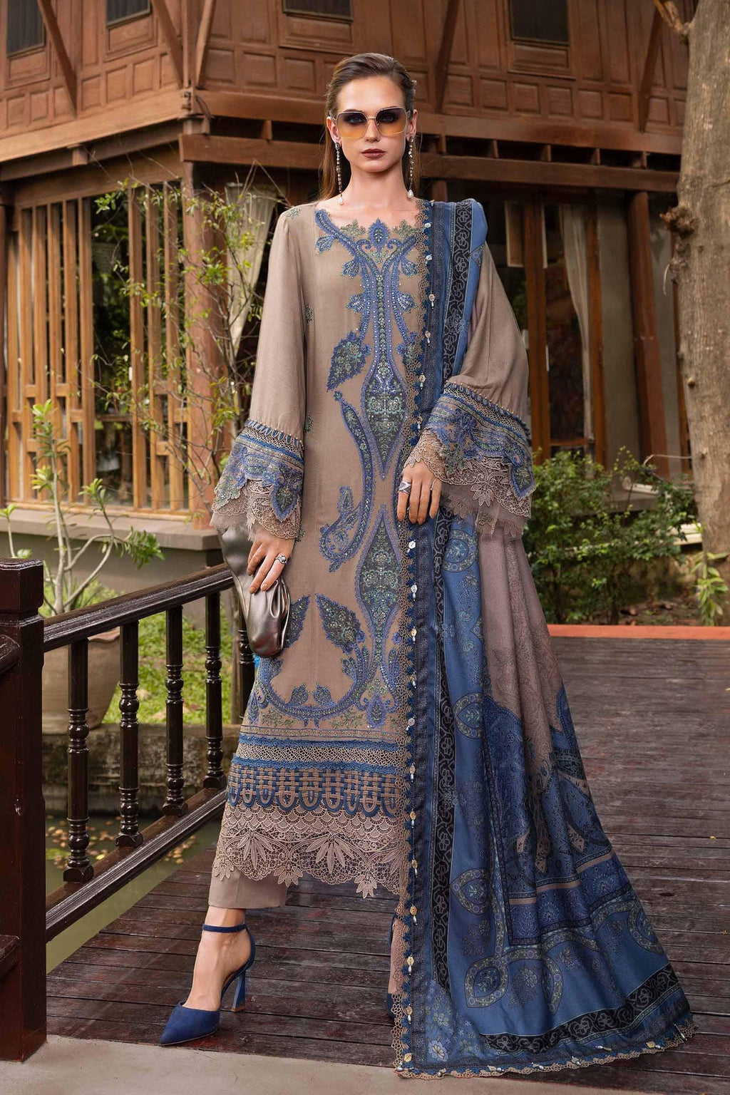 MB 3050-3 Piece Unstitched Heavy Embroidered Dhanak Suit ( Digital Printed Shawl)
