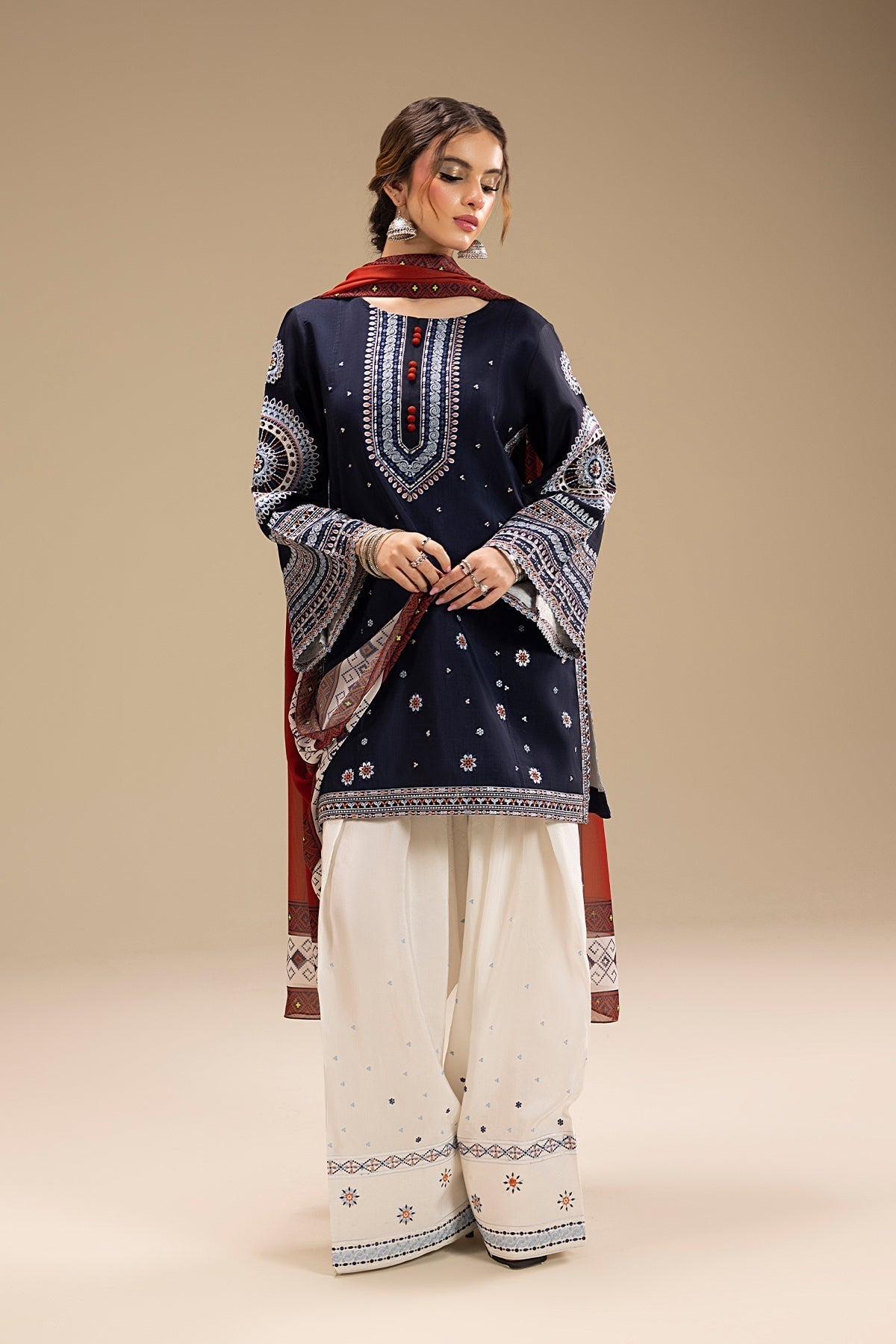 RR 610-3 Piece Embroidered Lawn Fabric with Printed Monar Dupatta