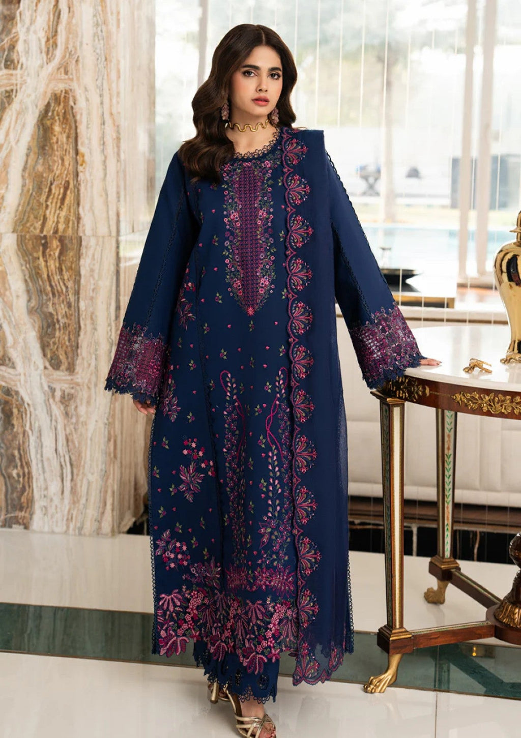 RR 2930-3 Piece Unstitched Heavy Embroidered Dhanak Suit ( Dhanak Embroidered Shawl )