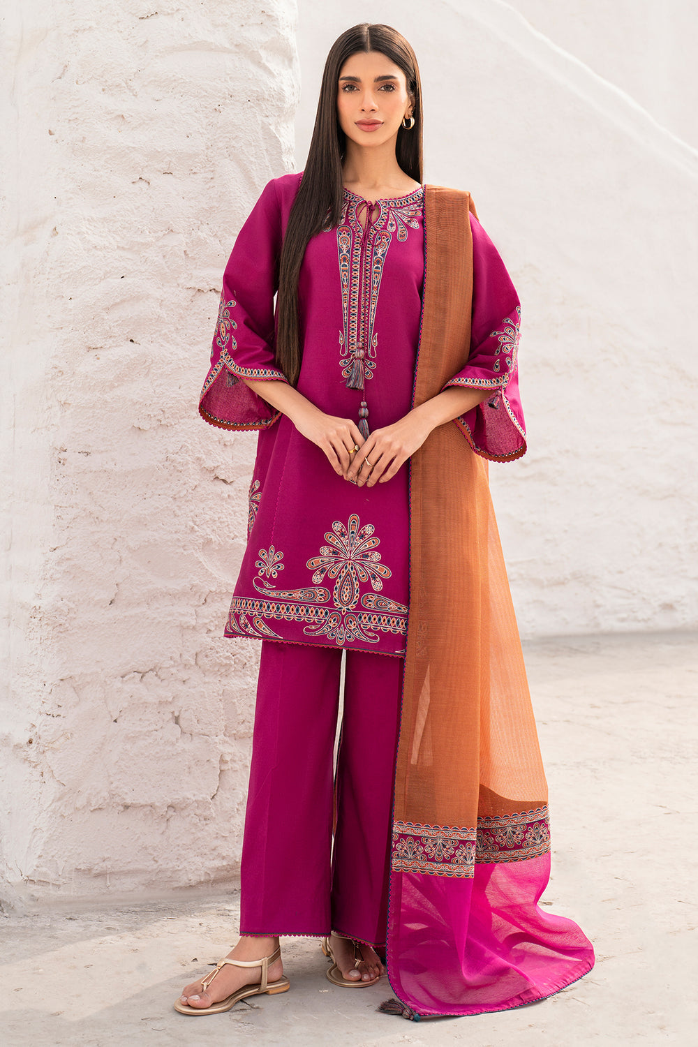 3 Piece - Unstitched Embroidered Lawn Fabric With Embroidered Chiffon Dupatta