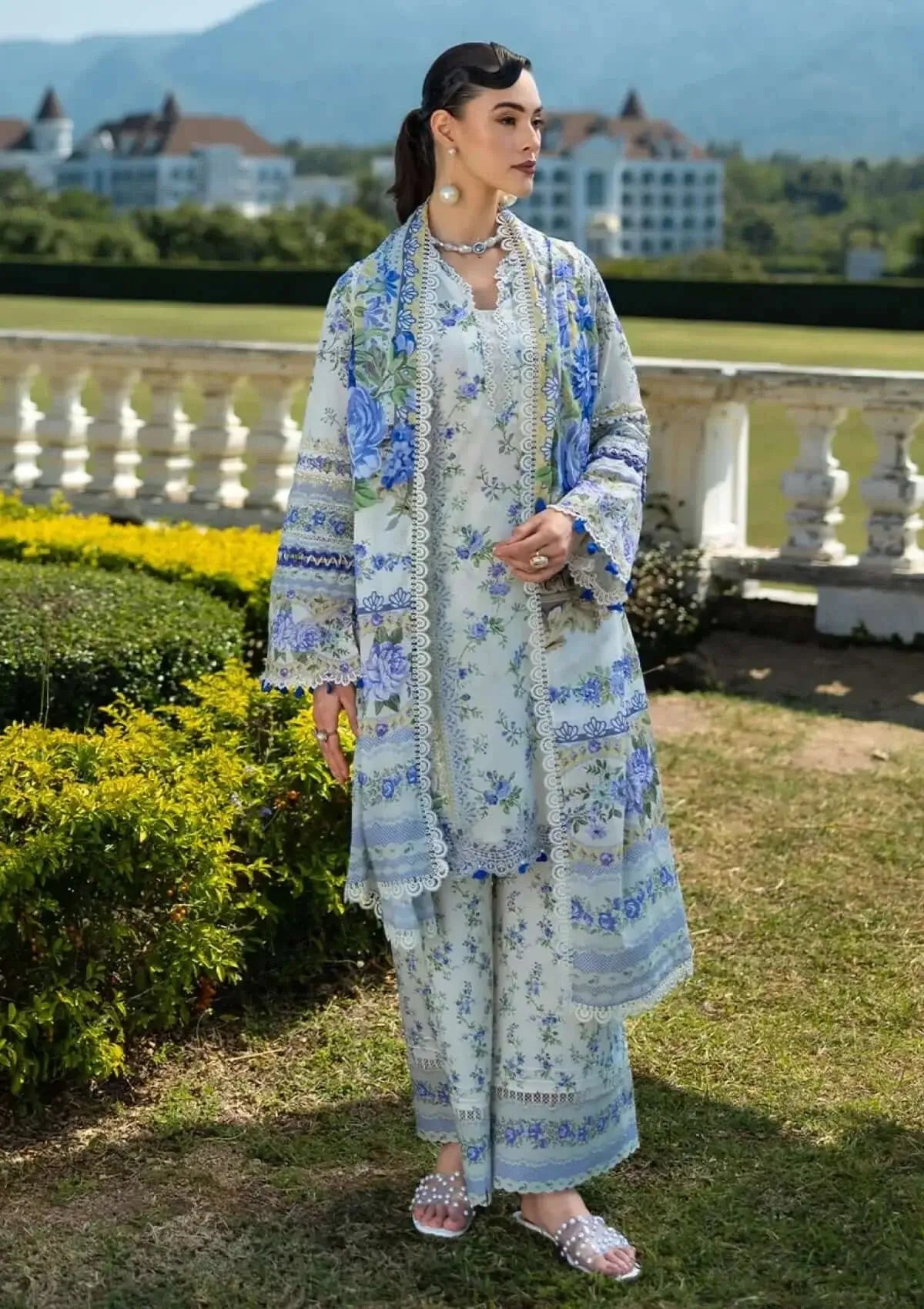 MB 485-3 Piece Unstitched Digital Printed Lawn Suit ( Fine Printed Silk Dupatta )