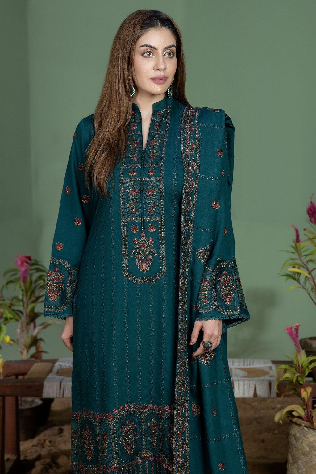 AJ-940-3 Piece - Unstitched Fully Embroidered Dhanak Fabric