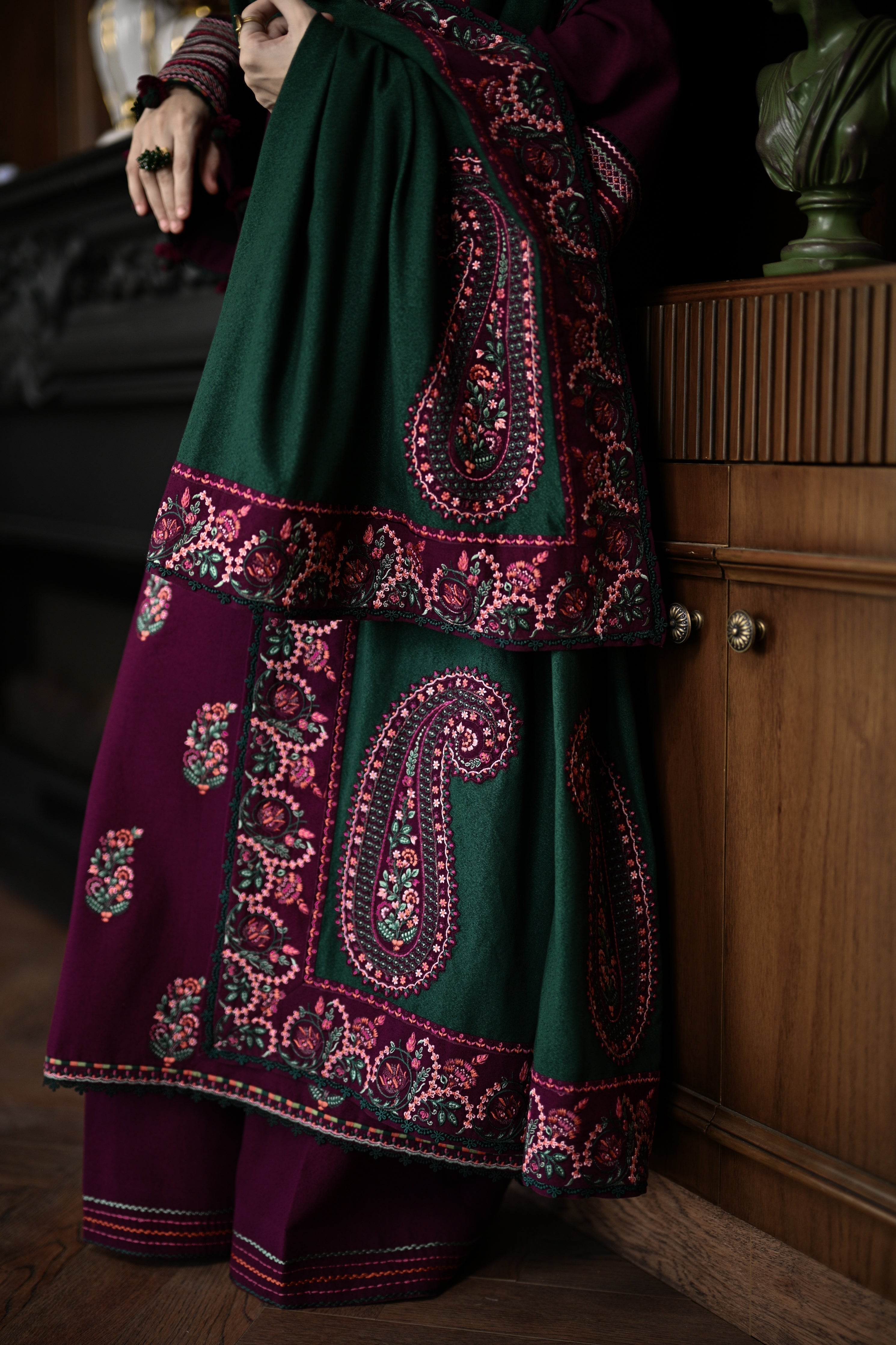 BT 2900-3 Piece Unstitched Heavy Embroidered Dhanak Suit ( Embroidered Dhanak Wool Shawl )