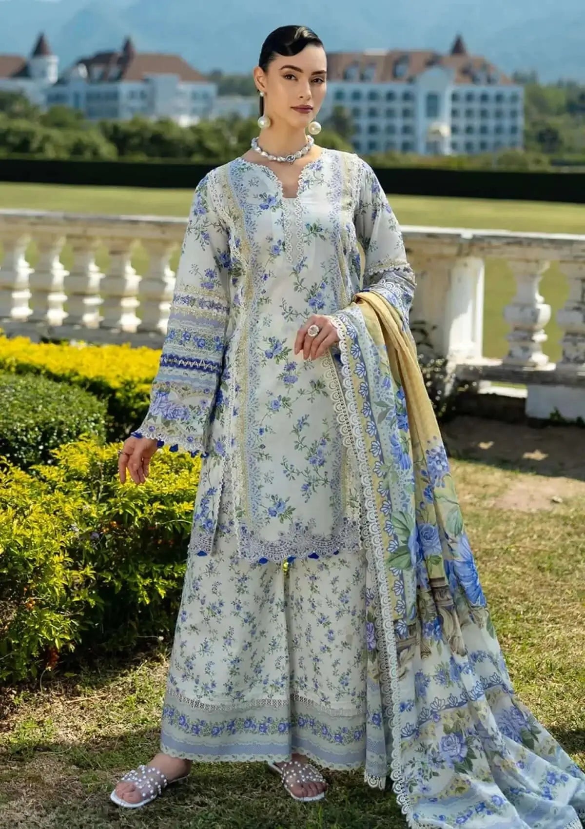 MB 485-3 Piece Unstitched Digital Printed Lawn Suit ( Fine Printed Silk Dupatta )