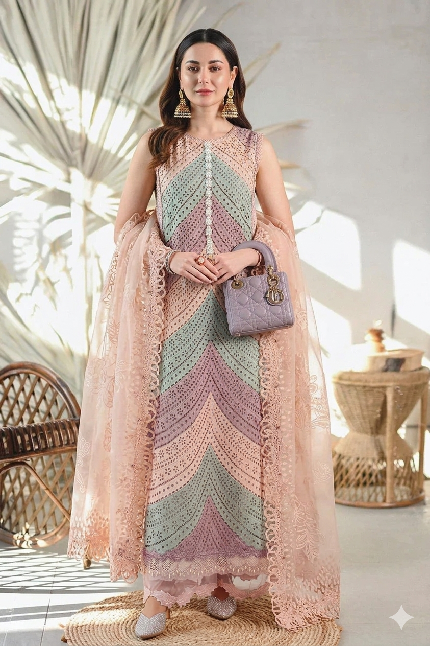 MB 2805A-3 Piece - Lawn - Unstitched Chicken Kari Embroidered Suit (Printed Organza Dupatta-4 Sides Lace)