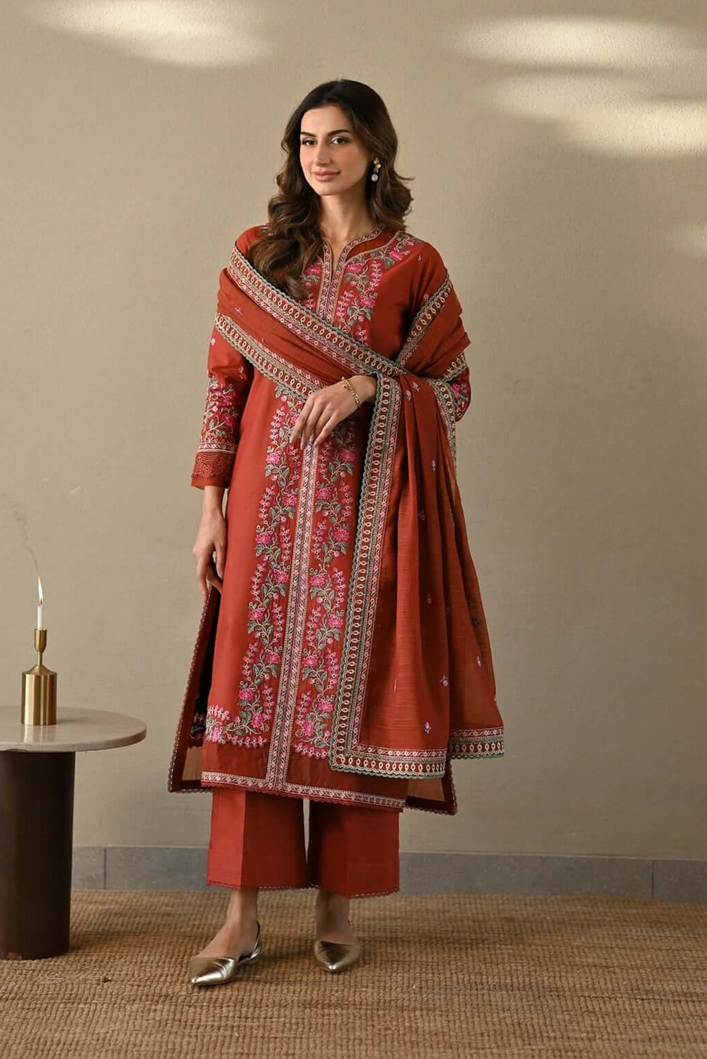 CO 3000-3 Piece Unstitched Heavy Embroidered Dhanak Suit ( Four-sided Embroidered Dhanak Shawl )