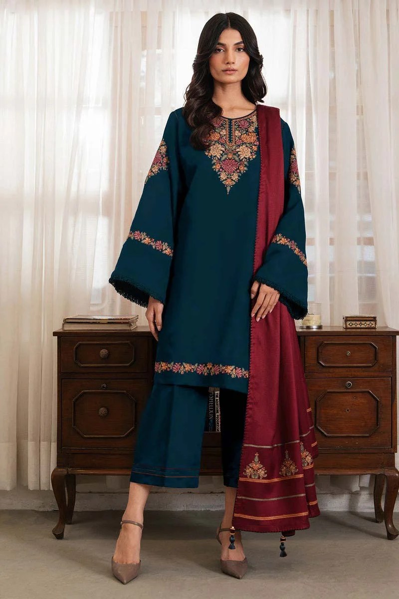 JZ 3030-3 Piece Unstitched Heavy Embroidered Dhanak Suit ( Embroidered Dhanak Wool Shawl )