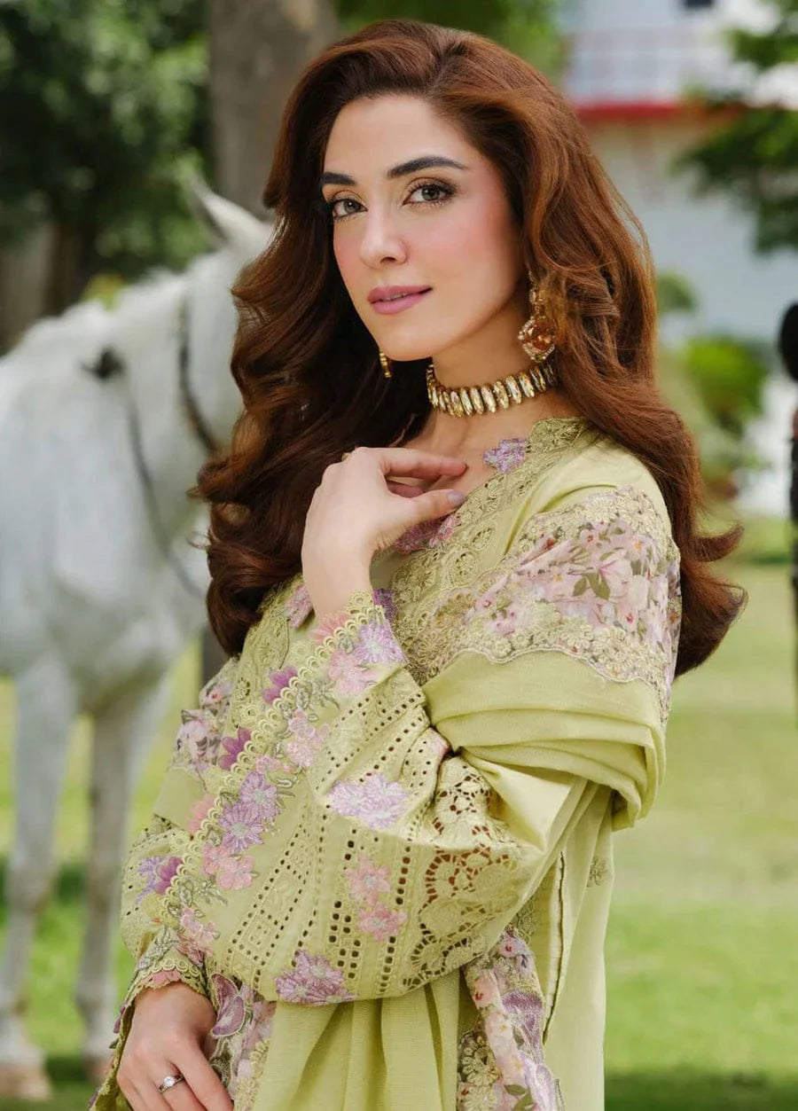 EL-2720  3Pc-Unstitched Fully Embroidered Lawn Fabric With Embroidered Cotton Net Dupatta
