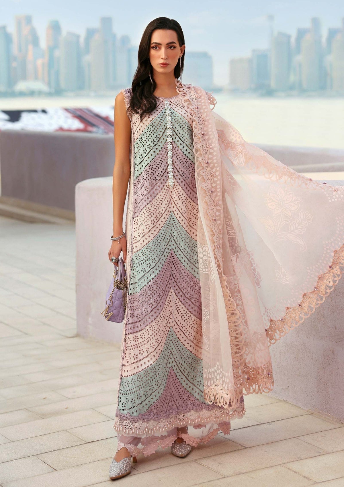 MB 2805A-3 Piece - Lawn - Unstitched Chicken Kari Embroidered Suit (Printed Organza Dupatta-4 Sides Lace)