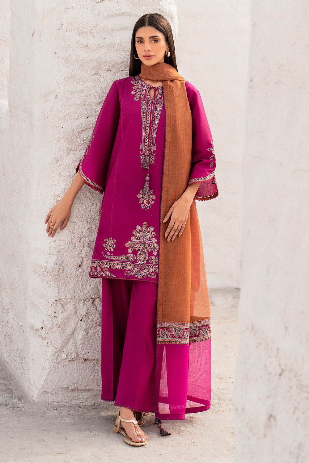 3 Piece - Unstitched Embroidered Lawn Fabric With Embroidered Chiffon Dupatta
