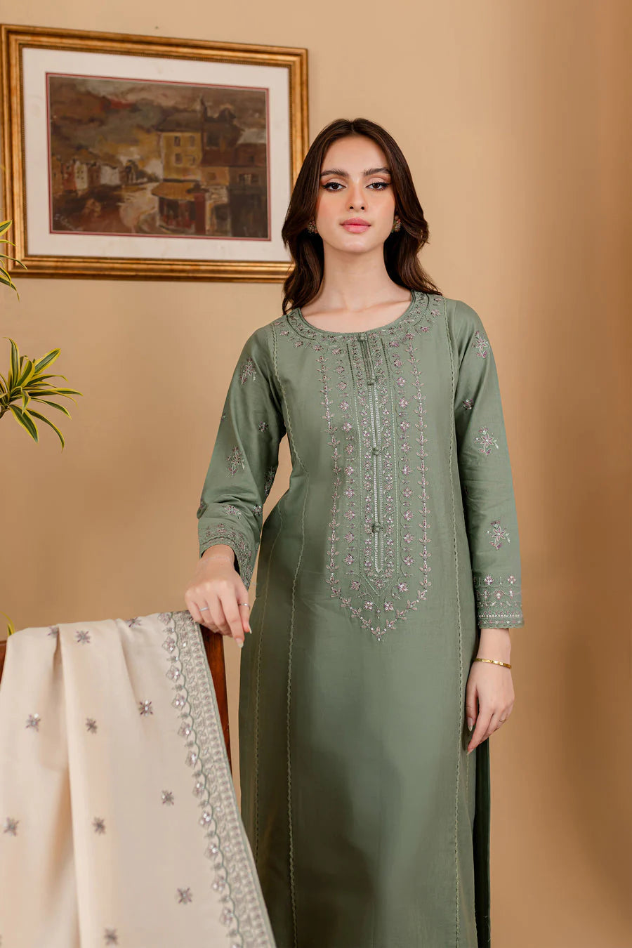 RP 600-3 Piece - Unstitched Fully Embroidered Lawn Fabric With Embroidered Lawn Shawl