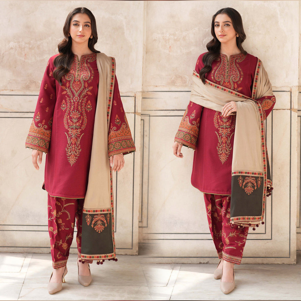 JZ 3100-Dhanak Fabric 3 Piece Unstitched (Dhanak Embroidered Shawl)