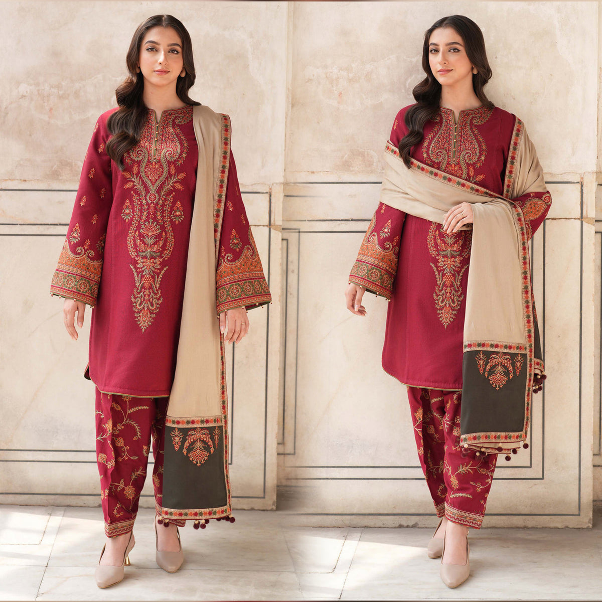 JZ 3100-Dhanak Fabric 3 Piece Unstitched (Dhanak Embroidered Shawl)