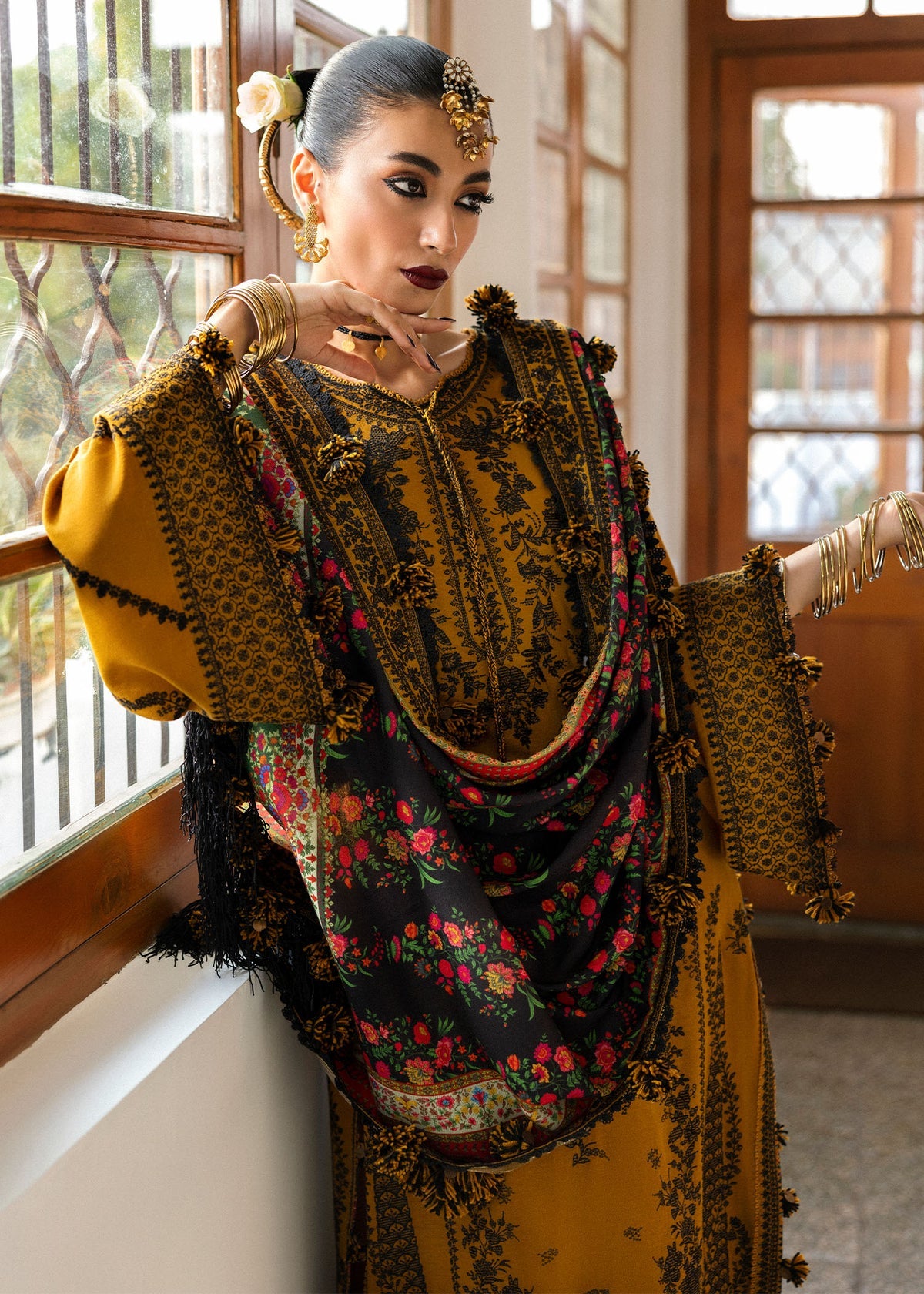 HR 3045-3 Piece Unstitched Heavy Embroidered Dhanak Suit ( Digital Printed Shawl)