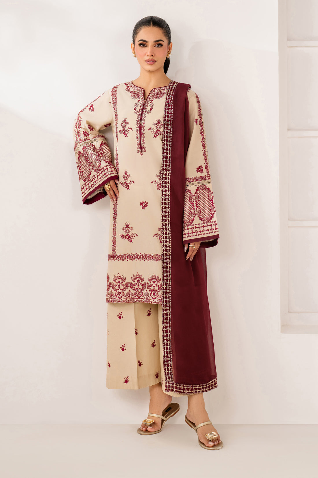 BQ 2950-3 Piece Unstitched Heavy Embroidered Dhanak Suit ( Dhanak Embroidered Shawl )