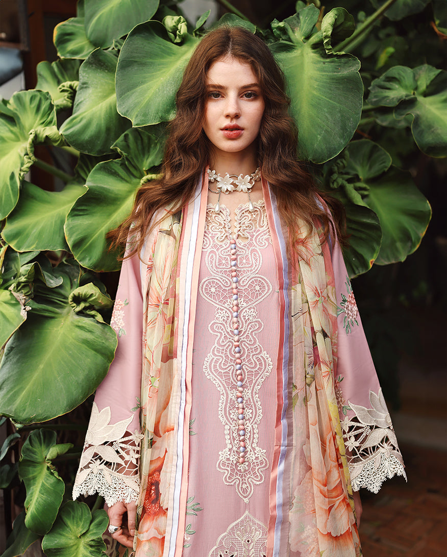 MS 2855-3 Piece - Unstitched Embroidered Lawn Fabric ( Silk Printed Dupatta)