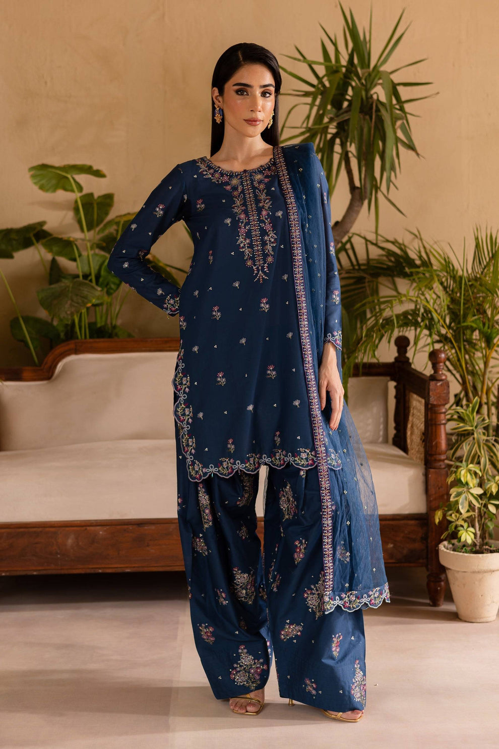 BT 2940-3 Piece Unstitched Heavy Embroidered Dhanak Suit ( Embroidered Chiffon Dupatta)
