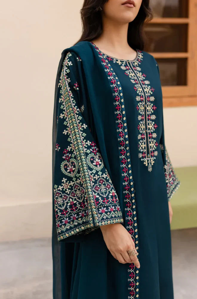 LM-585 Lawn Fabric 3 Piece - Unstitched Fully Embroidered With Chiffon Dupatta