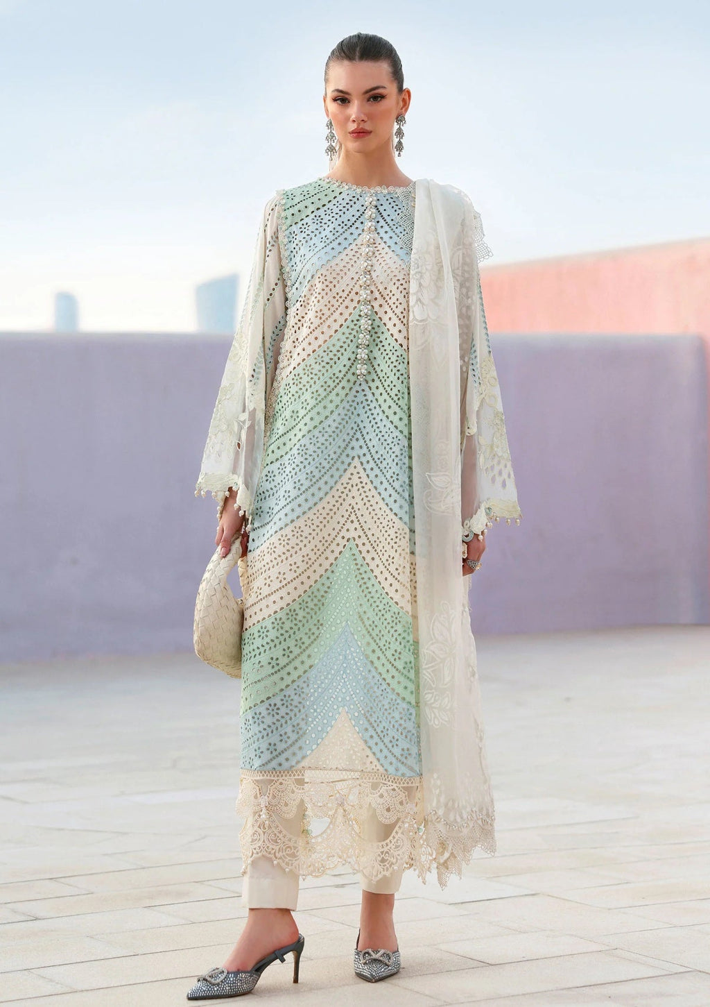 MB 2805B-3 Piece - Lawn - Unstitched Chicken Kari Embroidered Suit (Printed Organza Dupatta-4 Sides Lace)