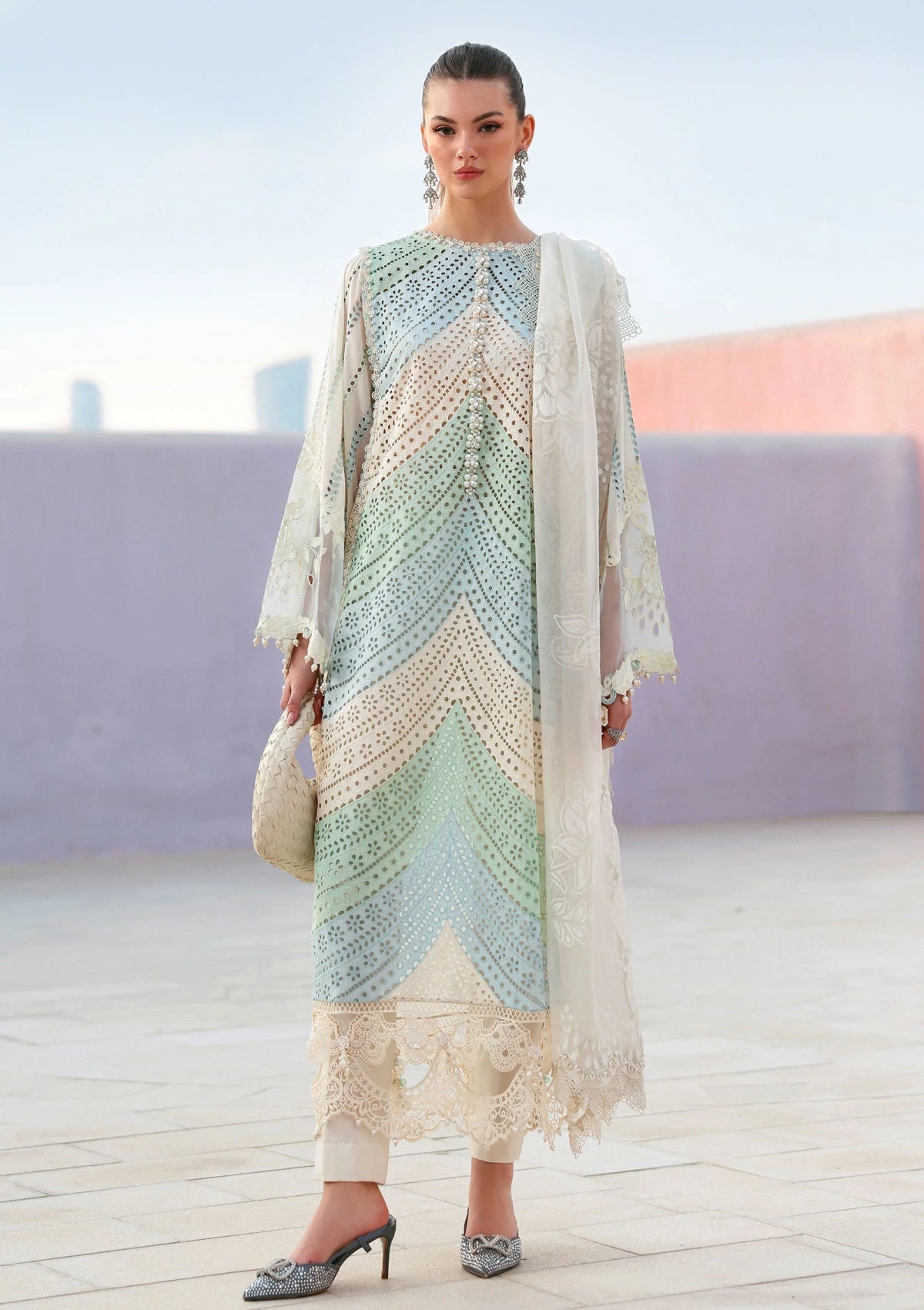 MB 2805B-3 Piece - Lawn - Unstitched Chicken Kari Embroidered Suit (Printed Organza Dupatta-4 Sides Lace)