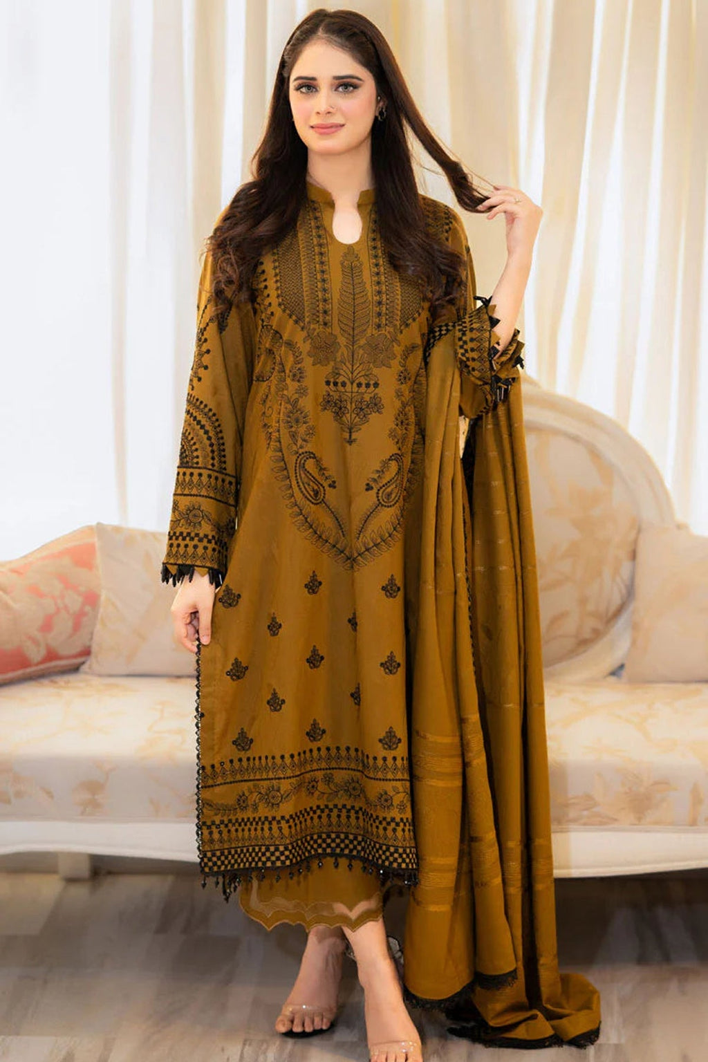 MB 100-3 Piece - Unstitched Fully Embroidered Dhanak Fabric