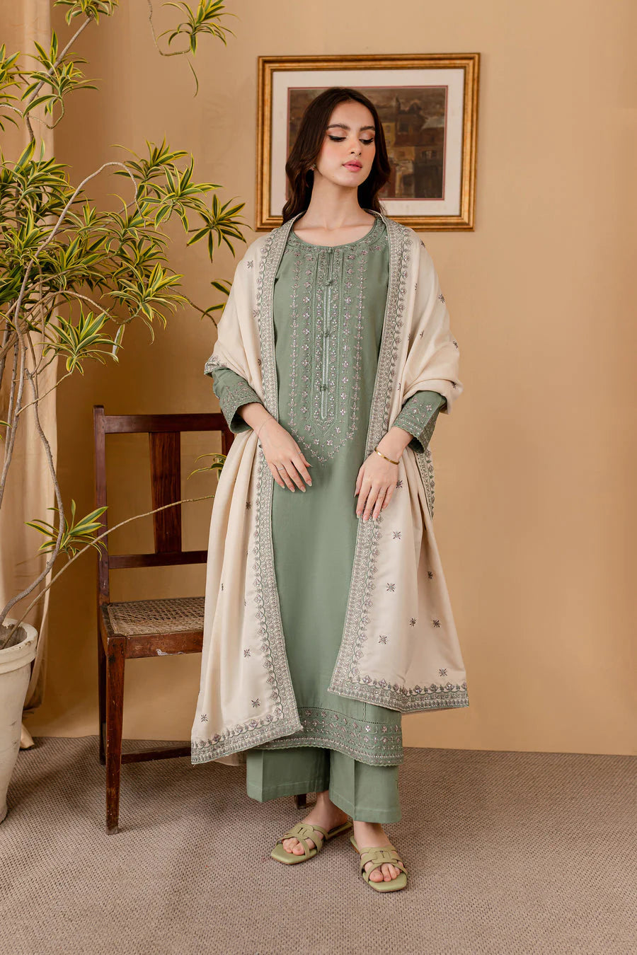 RP 600-3 Piece - Unstitched Fully Embroidered Lawn Fabric With Embroidered Lawn Shawl