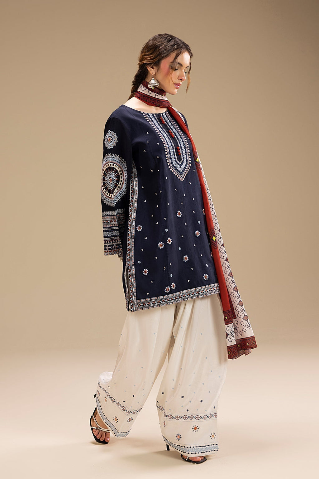 RR 610-3 Piece Embroidered Lawn Fabric with Printed Monar Dupatta