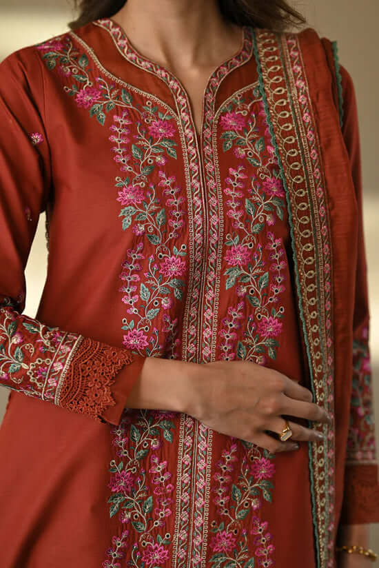 CO 3000-3 Piece Unstitched Heavy Embroidered Dhanak Suit ( Four-sided Embroidered Dhanak Shawl )